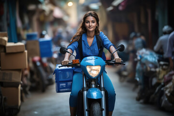 Fototapeta na wymiar Young indian girl riding bike delivering food or other parcel.