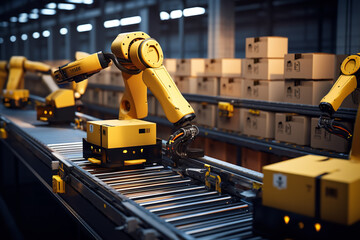Within a state-of-the-art warehouse, advanced robots swiftly and accurately sort packages on a complex conveyor belt system