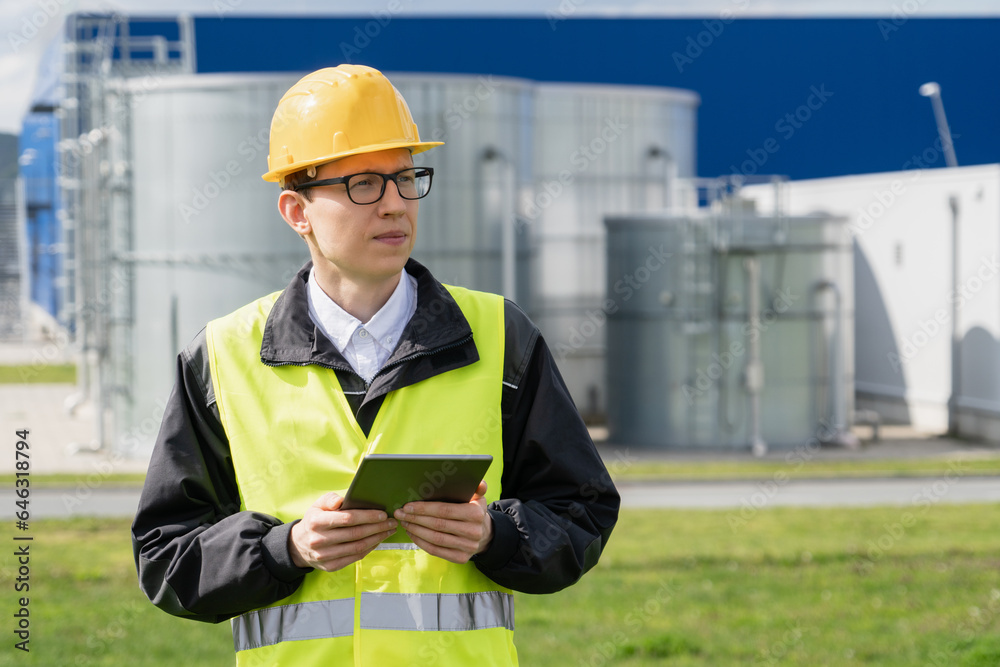 Aufkleber engineer with digital tablet on a background of gas tanks.