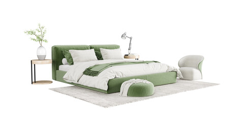 Green bed in a bedroom on white background	
