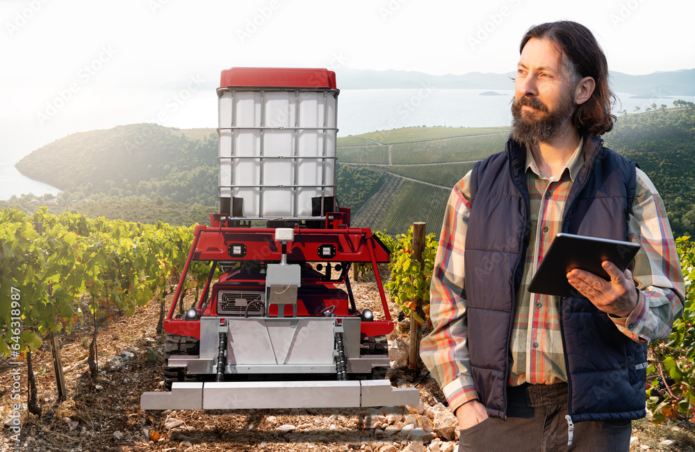Aufkleber autonomous robot sprayer works in a vineyard. smart farming concept