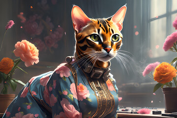 Draw a Bengal cat wearing a floral dress.
Generative AI
