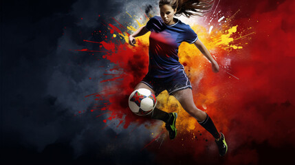 A young woman showcasing her soccer skills with zeal against a bright setting..
