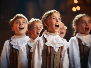 Group of school children singing in choir together. - obrazy, fototapety, plakaty