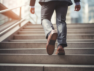Close up view of businessman going up the staircase in a modern city. Back view.