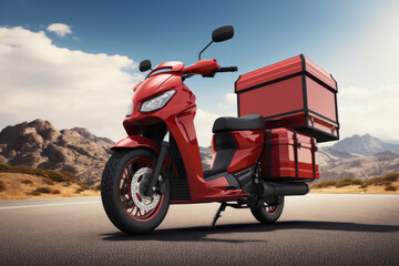 Red color scooter with luggage. courier service concept.