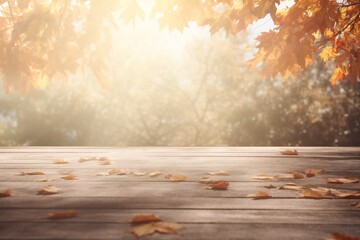 Naklejka na ściany i meble Beautiful autumn background with concrete floor and volumetric light rays from right side Generative AI