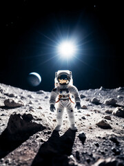 immagine primo piano di astronauta nella tuta spaziale sulla superficie di una luna aliena, spazio scuro e pianeti sullo sfondo