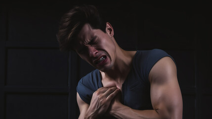 A pained young man pressing on his chest, hinting at severe heartache, possibly stemming from a heart attack or heart disease..