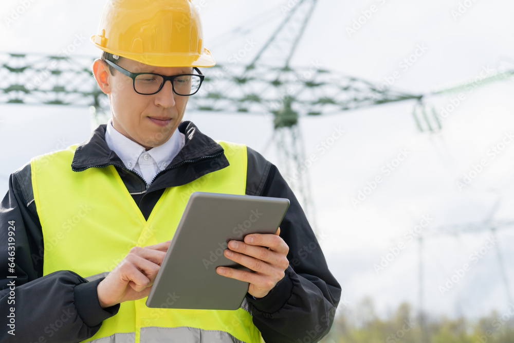 Aufkleber Engineer with digital tablet on a background of power line tower.