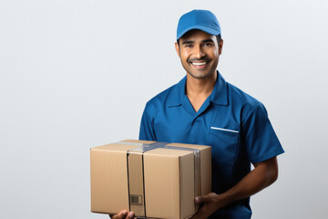 Young deliveryman or courier boy holding box in hand.