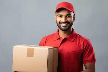Young deliveryman or courier boy holding box in hand.