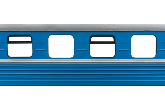 Textured body of an old metal passenger rail car with white line isolated on white.