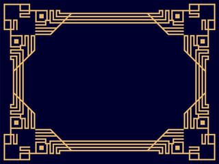 Obraz premium Art deco frame. Vintage linear border in gold color on a black background. Design a template for invitations, leaflets and greeting cards. The style of the 1920s - 1930s. Vector illustration