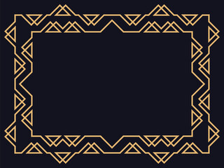 Art deco frame. Vintage linear border in gold color on a black background. Design a template for invitations, leaflets and greeting cards. The style of the 1920s - 1930s. Vector illustration