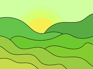 Green wavy landscape in a minimalist style. View of the hills with the sun at dawn. Plains and mountains. Boho decor. Design for printing banners, posters, book covers. Vector illustration