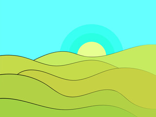 Obraz premium Green wavy landscape in a minimalist style. View of the hills with the sun at dawn. Plains and mountains. Boho decor. Design for printing banners, posters, book covers. Vector illustration