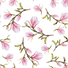Magnolia pink flower bough seamless pattern. Watercolor hand drawn Illustration isolated on white background. Floral repeating design for your print, textile wrapping wallpaper cover, carpets, fabrics