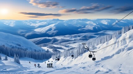 View from mount peak on ski resort and Altai mountains. Active winter rest, skiers and snowboarders on ski slope and Ski lift, beautiful nature and sport leisure. - obrazy, fototapety, plakaty