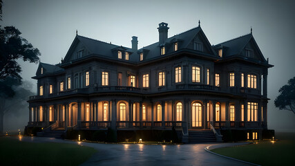 A big old mansion , huanted manion , standing in a  fog at night , full cinematic shot,  dark tone , scary mansion , cinematic shot. -  Generated by AI