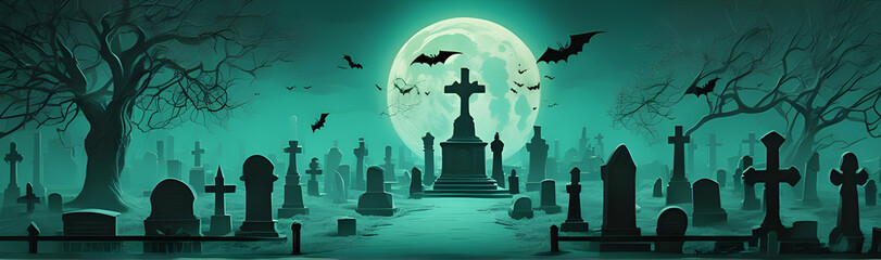 A Halloween cemetery and graveyard with a full moon, in the style of dark turquoise and light green, made of mist, captivating, exacting precision, Halloween : 2 - Generated by AI.
