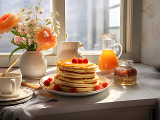 Delicious sweet pancakes with fruits and honey, cup of coffee, glass of juice, and vase with fresh flowers, sunnmorning breakfast, sunny morning breakfast, next to the window