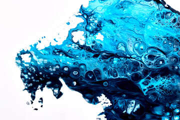 Acrylic paint blot, chaotic brushstroke, spot flowing on white paper background. Creative blue color backdrop, fluid art.