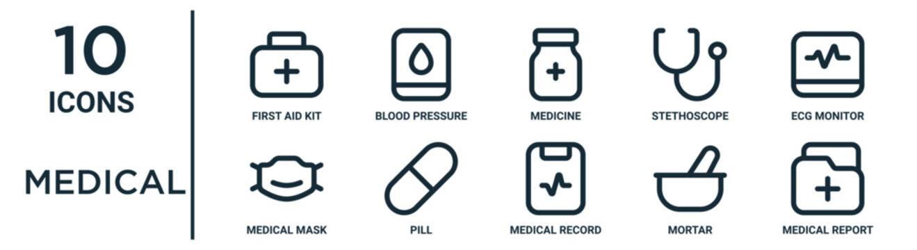 medical outline icon set such as thin line first aid kit, medicine, ecg monitor, pill, mortar, medical report, medical mask icons for report, presentation, diagram, web design