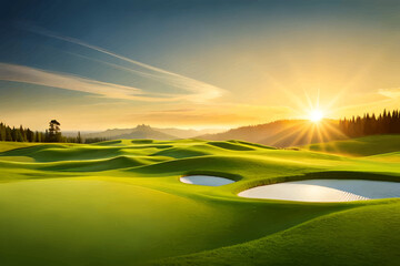 Golf course vector illustration. Golf course at sunrise.