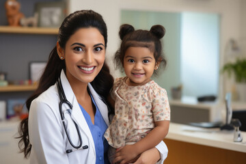 Female doctor or pediatrician holding little child.