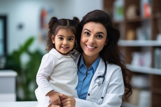 Female doctor or pediatrician holding little child.