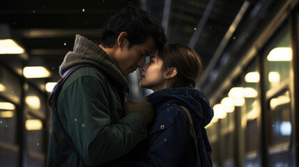 A girl and a guy in love in the cinematic style of a Korean dorama.