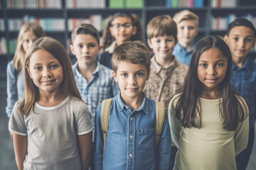 Group of elementary school students standing together in a classroom - Generative AI