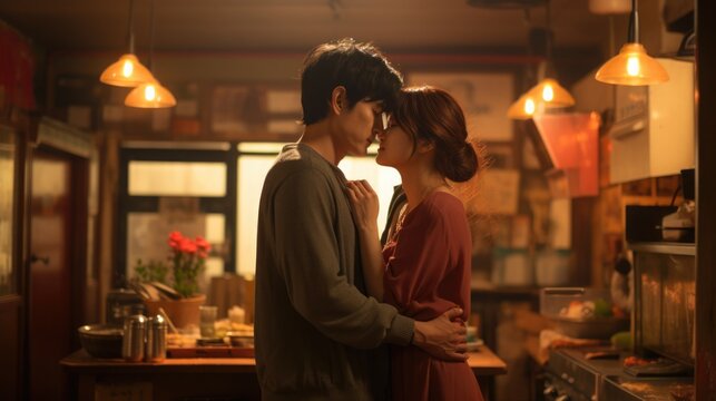 A girl and a guy in love in the cinematic style of a Korean dorama.