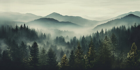 Misty fir forest beautiful landscape in hipster vintage retro style, foggy mountains and trees - Generative AI - obrazy, fototapety, plakaty
