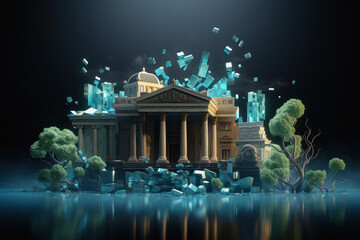 Bank building financial investment and currency concept.