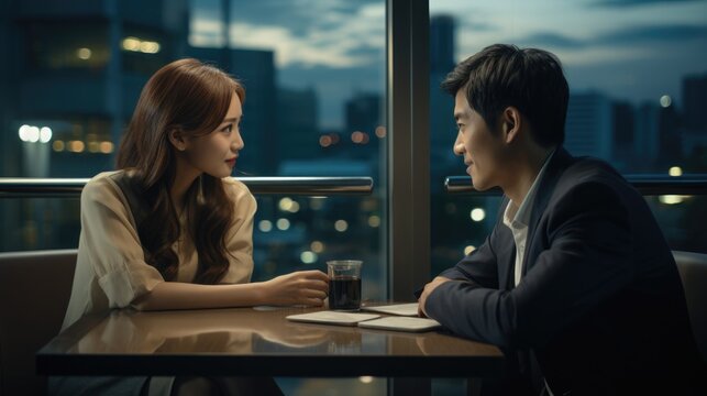 A girl and a guy in love in the cinematic style of a Korean dorama.