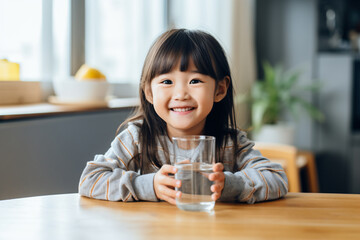 a 7-year-old Asian girl wearing a gray striped sweater, with big eyes, flat bangs and two braids, holding a Mug in her hand, is preparing to drink water, sitting on the table at home - Generative AI