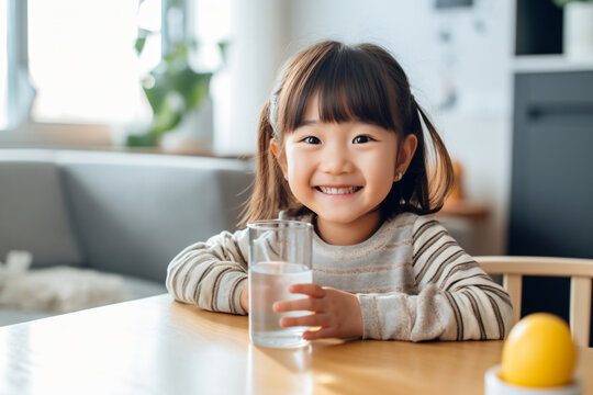 a 7-year-old Asian girl wearing a gray striped sweater, with big eyes, flat bangs and two braids, holding a Mug in her hand, is preparing to drink water, sitting on the table at home - Generative AI