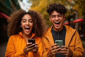 Young boy and girl loud laughing while using smartphone - obrazy, fototapety, plakaty