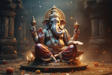 Decorative lord ganesha sculpture on temple background