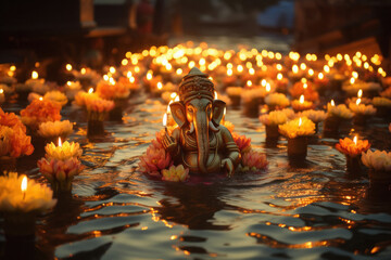 Lord ganesha sculpture on water with many lamp and flower. - obrazy, fototapety, plakaty