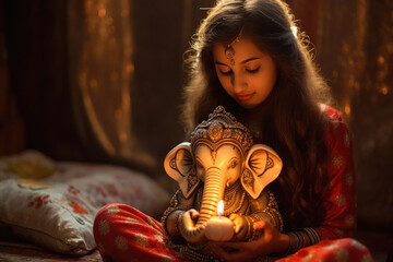 Fototapeta premium Cute indian little girl holding lord ganesha sculpture in hand. lord ganesha festival