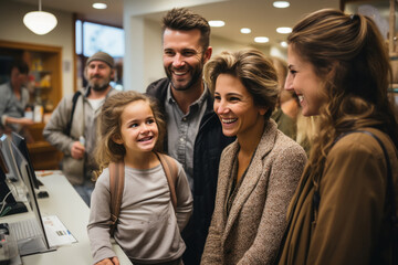 Family standing on reception counter at hospital or mall