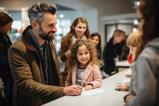 Family standing on reception counter at hospital or mall - Powered by Adobe