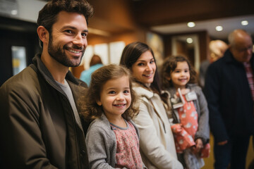 Family standing on reception counter at hospital or mall