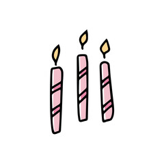 Candles for cake in doodle style on a white background. Festive concept. Hand drawn vector colored outline icon.