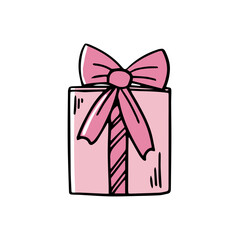 Gift Box in doodle style on a white background. Festive concept. Hand drawn vector colored outline icon.