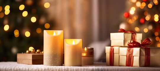 Burning candles, gift box and warm blanket on background of Christmas tree in lights, warm brown color palette, cozy festive holiday atmosphere, web banner