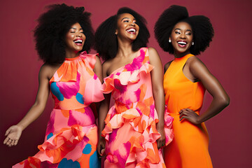 Three gorgeous black girls dressed in bright summer dresses pose against a colorful backdrop.